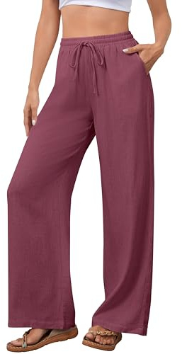 NONSAR Pantaloni da Donna in Cotone per Il Tempo Libero con Coulisse in Lino Elasticizzati Casual vestibilità Larga con Tasche Leggeri Tinta Unita(Rosso Vivo,S)