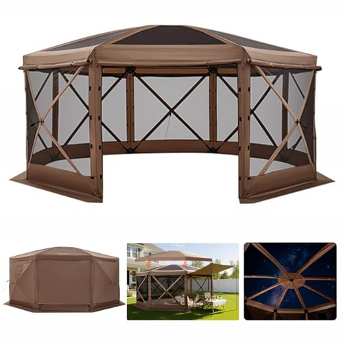 VEVOR Pop-up-Pavillon, 4,57 x 4,57 m, großes 8-seitiges Campingzelt mit abnehmbarem Dach & Tragetasche, Partyzelt, Sonnenschutz für 12–15 Personen, für Garten & Terrasse, Braun