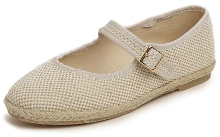 FEVERSOLE Women's Comfort Espadrilles Mary Jane Close Toe Jute Trim Slip On Flats Shoes Natural Linen Jute Size 9 M US