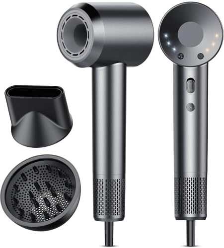 Asciugacapelli, 160.000 Giri/min Phon Capelli Professionale con 500 Milioni Ioni Negativi, 3 Velocità & 4 Temperature, Basso Rumore, Diffusore Magnetico e Ugello Inclusi