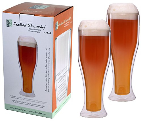 Feelino 2X 730ml doppelwandige Weizenbiergläser, Biergläser, Thermogläser, Doppelwandgläser, ideal für den Sommer, hält kaltes länger kalt, Weizenbierglas