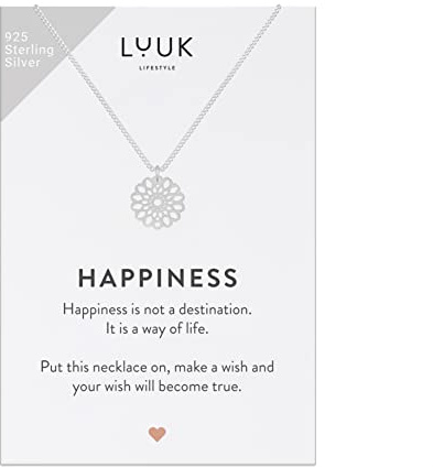LUUK LIFESTYLE Halsband i 925 Sterling Silver med mandalahänge och ett inspirerande HAPPINESS-kort, lyckoamulett, vänskapsgåva, damsmycken, silver