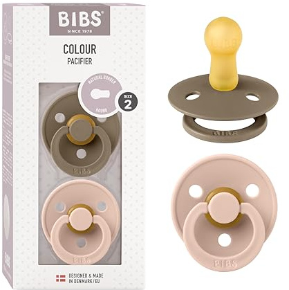BIBS Colour Soother 2-Pack, BPA Free Dummy Pacifier, Round Nipple. Natural Rubber Latex, Size 2 (6-18 Months), Dark Oak/Blush