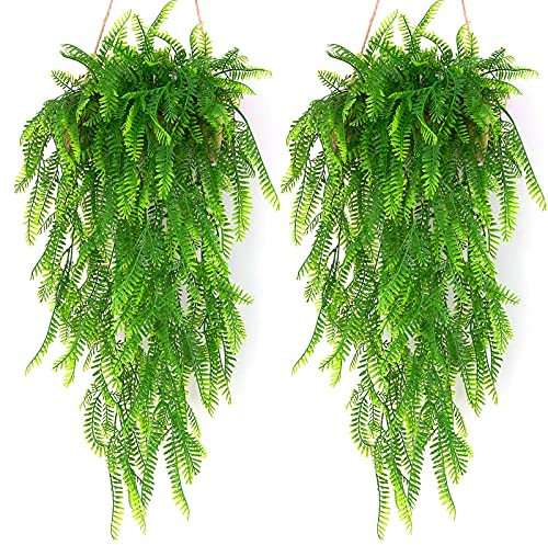 JustYit 2 Stück 80CM Künstliche Pflanze Persian Blätter Efeu Künstlich Hängepflanze Künstlich Farn, Kunstpflanze Hängend Hängepflanzen für Wand, Innenbereich, Hängekörbe, Hochzeitsgirlande (Grün)