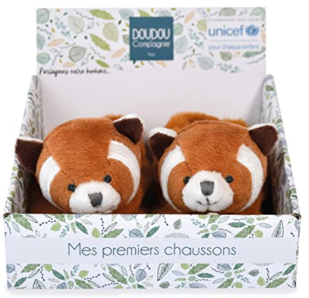 Doudou et Compagnie - Pantofole Panda Roux - UNICEF - Scatola Aperta - Sonaglio incorporato - Idea regalo per la nascita di ragazza e ragazzo - Da 0 a 6 mesi - DC4000