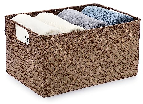 IGNPION Seagrass Storage Opened Basket Living Room Decorative Basket Woven Wicker Towel Basket Desktop Basket Rectangular Bathroom Storage Organiser Box, Shelves & Desks Multipurpose Storage Hamper, S, IGPUK0686, Coffee