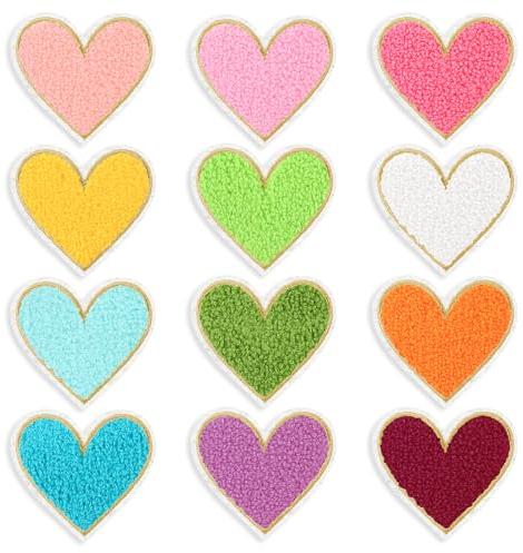 12 Stück Gestickte Flicken Herz zum Aufbügeln Aufbügelflicken Herz Bestickte Patches Aufbügler Reparatur Applikation Bunt Bügelbilder DIY Dekorative Aufnäher für Jeans Hüte Kleidung Rucksäcke