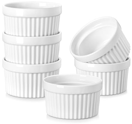 MALACASA Set di 6 Pirottini per Soufflé 180 ml, Ø 9,5 x 5,4 cm, Ciotoline e Stampini Rotondi da Forno in Porcellana per Dolci, Soufflé, Merenda e Snack, Bianchi, Adatti a Lavastoviglie e Microonde