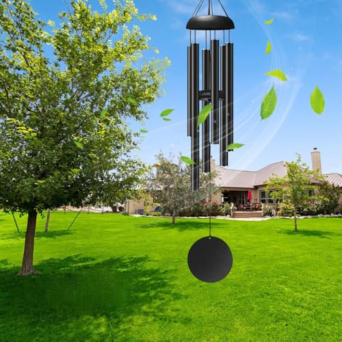 Carillon éolien commémoratif pour extérieur, grand carillon éolien en aluminium pour jardin, jardin, cour, maison, intérieur noir classique avec attrape-vent, carillon à vent pour extérieur, carillon