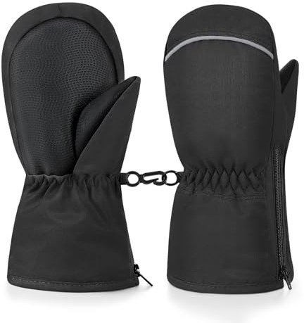 MoKo Moufles de Ski Enfants, Gants de Neige Imperméables Antidérapant, Gants Hiver Chaud Coupe-Vent avec Fermeture Éclair pour Enfants, Gants de Ski en Velours pour Fille Garçon