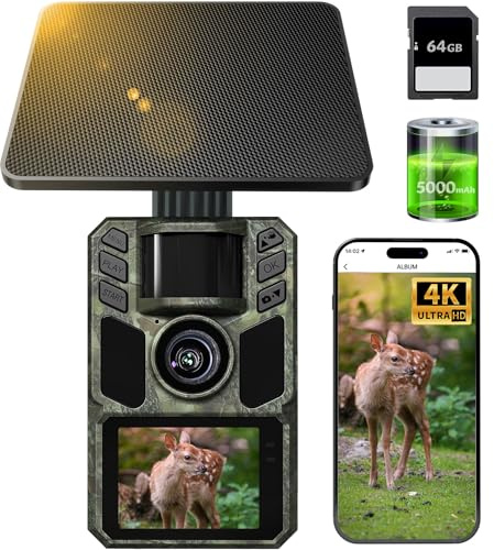 FKPCAM Cámara de rastreo 4K 64MP Solar WiFi Cámara de caza con visión nocturna - Batería integrada de 5000 mAh, IP67 impermeable, activada por movimiento, tarjeta de memoria de 64 GB