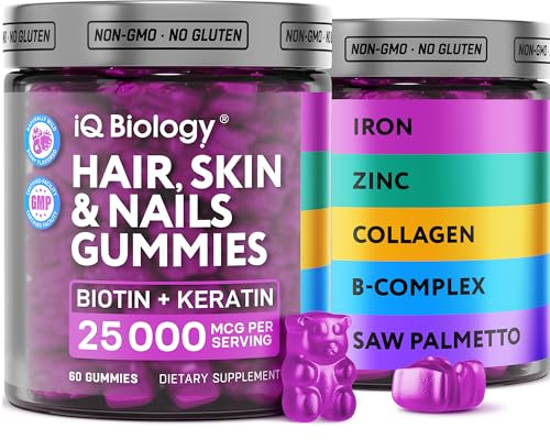 Biotin Gummies for Hair, Skin and Nails - Hair Growth Vitamins for Women & Men - Hair Loss Gummy Supplement with Extra Strength Biotin (Vitamin B7), Collagen, Keratin & DHT Blocker - 60 Chewable Bears