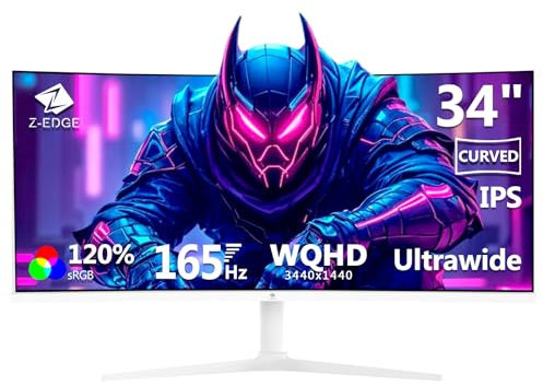 Z-Edge Ecran PC Gamer Incurvé Blanc 34'', 3440x1440, Dalle IPS, 165Hz (DP1.4), 96% DCI-P3, FreeSync, G-Sync, 120% sRGB, Moniteur Ultrawide 21:9, Hauteur/Inclinaison Réglable, Rotatif, 100Hz(HDMI2.0)