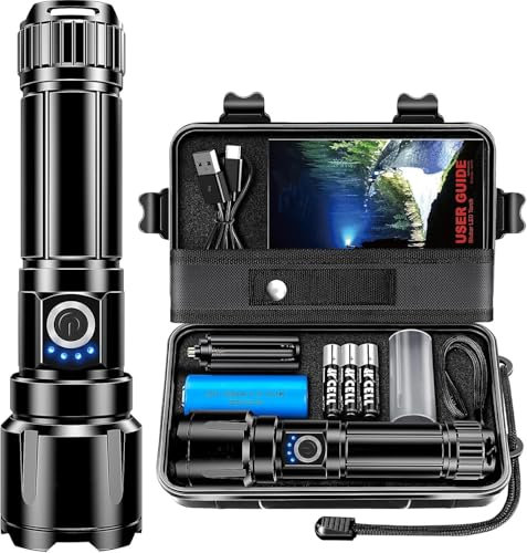 Akdomart Taschenlampe LED, 500000 Lumen Taschenlampe Batteriebetrieben USB Aufladbar, XHM 70.2 LED Flashlight Extrem Hell, IP67 Wasserdicht 5 Lichtmodi AK-01 Taschenlampen (Schwarz)