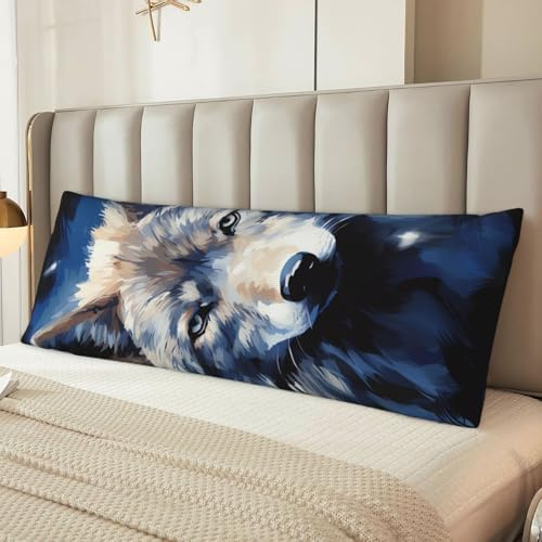 Federa per cuscino con testa di lupo su sfondo blu, in microfibra, regalo per donne e uomini, ultra morbida e accogliente, con cerniera nascosta, per decorare la casa, 50 x 137 cm