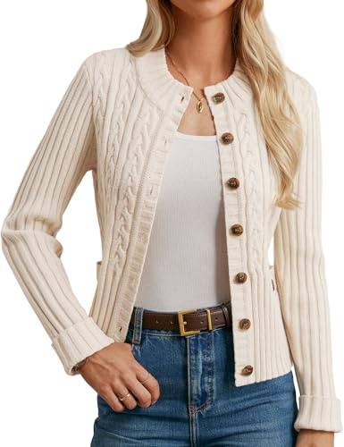 GRACE KARIN Atumn Tweed Jackets for Women Winter, Slim Fit Crew Neck Chunky Cardigans for Women UK, Bolero Blazer Buttons Apricot L