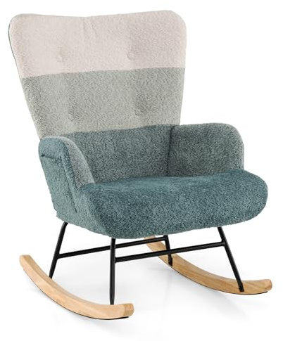 COSTWAY Relax Rocking Chair, Boucle Fabric Upholstered Rocker Accent Chair with Rubber Wood Legs, Tufted Wingback Leisure Reading Armchair for Nursery Living Room Bedroom (Striped Pattern, Green)