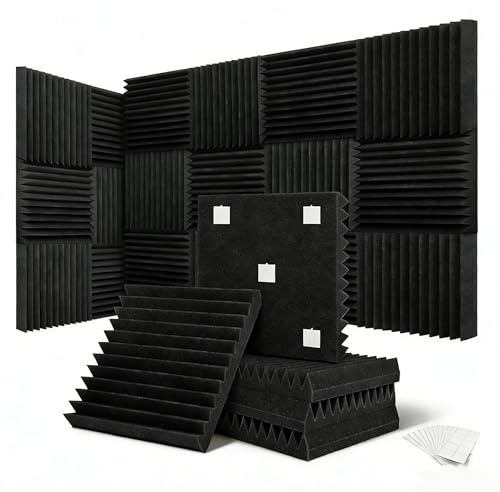 24 Pack 12''X12''X2'' Acoustic Foam Acoustic Panel Flame Retardant Acoustic Wall Tile Reduces Echo and Noise in Recording Studios and Home Theatres with 120 PCS Double Sided Adhesive (Wedge)