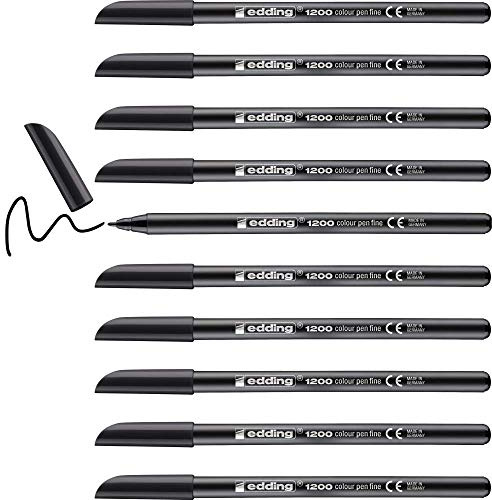 edding 1200 Fasermaler fein - schwarz - 10 Stifte - Rundspitze 1 mm - Filzstift zum Zeichnen und Schreiben - für Schule, Mandala