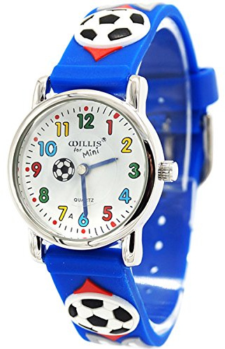Willis - Montres Garçons Pédagogiques Etanches Montre à Quartz Analogique Motif 3D Bracelet en PVC pour Elèves Football Bleu