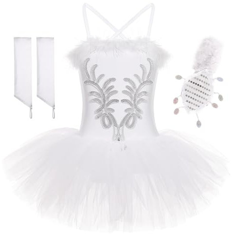 FONLAM Robe de Ballet Danse Cygne Fille Justaucorps Gymnastique Ballet Tutu Danse Classique Fille (Blanc, 9-10 ans)