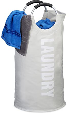 Sac à linge pliable avec anse 60 litres panier rond corbeille linge sale pliant H x D: 70 x 38 cm, blanc
