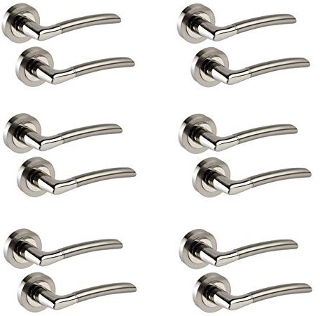 Golden Grace GG606SSK Indiana Style Door Handles Lever Latch On Round Rose in Duo Chrome Finish - 6 Pairs