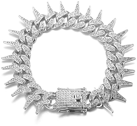 HALUKAKAH Diamant Chaîne en Or pour Hommes Iced Out,19MM Conception d'épines Finition Or Blanc Platine Bracelet 20cm,Cz Complet Taille Diamant Ensemble de Broches,Cadeau pour Lui