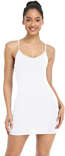 Qaffier Women's Basic Adjustable Spaghetti Strap Cami Slip Mini Dress White Small