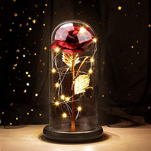 Joyhoop Rosa San Valentin Regalos Mujer,Rosas Sant Jordi RosaEterna, Rosa Bella y Bestia Rosade Cristal con Base Pino Luces LED,San Valentin Regalo Original para Mujer Mama Día de la Madre Cumpleaños