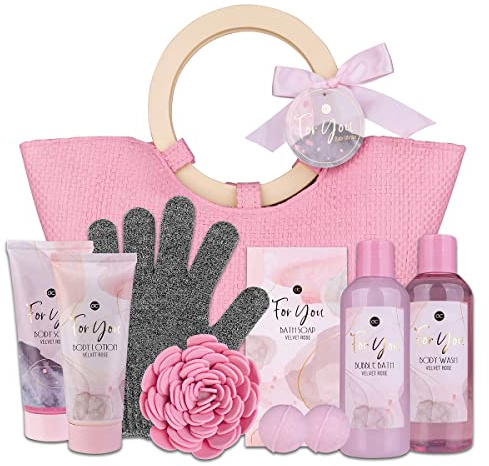 Set da bagno Accentra PINK ROSE in borsa, gel doccia, lozione per il corpo, bagnoschiuma, scrub corpo, sapone, bomba da bagno, spugna e guanto esfoliante, set regalo benessere per donna