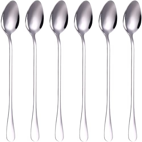 Latte Spoons,Set of 6 Long Handle Spoons,19cm Stainless Steel Coffee Spoons, Ice Tea Spoons, Espresso Spoons, Dessert Spoons for Coffee Tea Dessert Sundae (Silvery New)