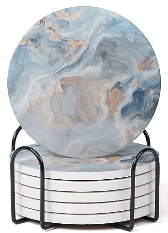 Hoomey Set of 6 Abstract Blue Marble Coasters with Holder, Absorbent Ceramic Coasters for Drinks, Coasters with Cork Backing for Table Protection, Housewarming Gifts for New Home