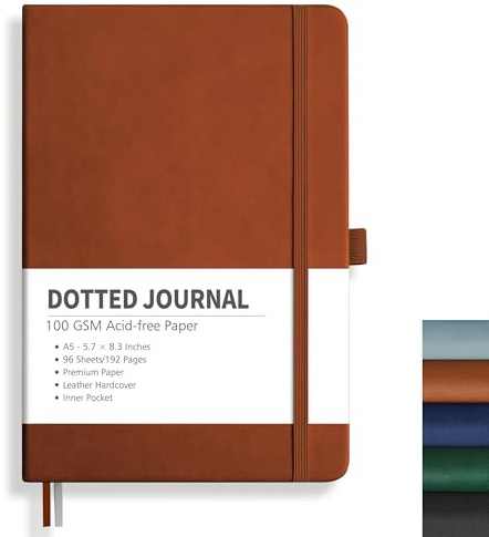 RETTACY Anteckningsbok A5-prickigt rutnät journal med 192 sidor, 1 bakficka och högkvalitativt inbunden för konstnärer att skriva/teckna, 14,5 x 21 cm – brun
