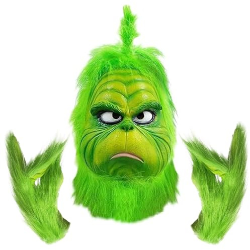 BFSYRR 3 Pcs Christmas Mask Costume, Green Latex Full Face Mask, Green Fuzzy Gloves, Big Monster Mask to Make Scared at the Party, for Attending Christmas and Parties Use by Those Aged 15 and Above