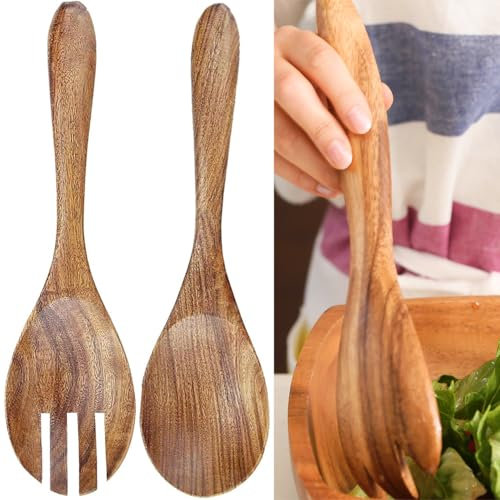Set di 2 cucchiai e forchette da insalata, in legno resistente, forchetta e cucchiaio con manico lungo, set di posate per insalata, forchetta e cucchiaio per insalata, set di cucchiai da portata in