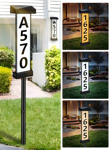 DBF Solar Address Sign, Dual-Sided House Numbers for Outside Waterproof, 3 Colors LED Illuminated Solar Powered Address Plaque with Stakes, Outdoor House Number for Yard Street Home Garden