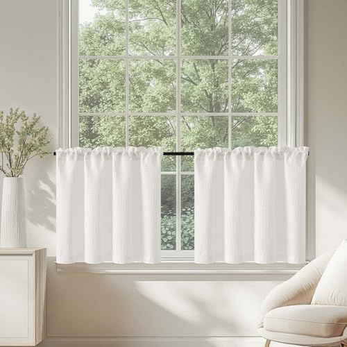 TOPICK Rideaux Cuisine Brise Bise Court Rideau, Motif Gaufre Blanc 90L X 45H cm 2 Panneaux à Passe Tringle, pour Chambre Petite Fenêtre Placard Meuble Bas