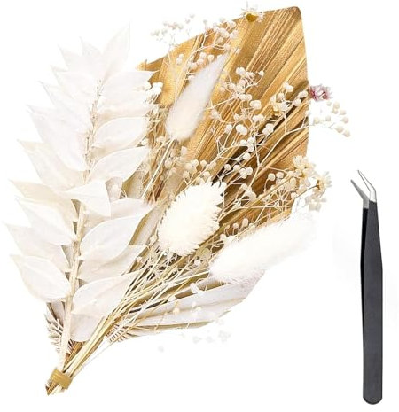 Dried Flowers for Cakes, White Dried Flowers Bouquet, Gold Palm Leaf Cake Topper Decorations, Suitable for Birthday, Wedding,Valentine's Day, With Tweezer