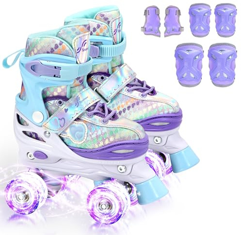 Sportneer Pattini a rotelle per bambini, con equipaggiamento protettivo, pattini a rotelle regolabili con 8 ruote luminose, per ragazze, bambini, ragazzi, principianti, interni ed esterni