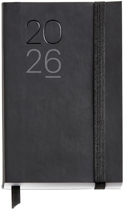 Miquelrius - Veckovisningskalender 2026, litet format (90 x 140 mm), veckoplanering, flexibelt omslag liknande insytt läder, papper 80 g/m², ES-EN-PT, svart