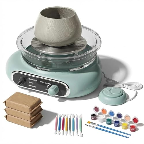 Mini Electric Pottery Wheel Machine for Kids & Adults, DIY Ceramic Art Studio Kit for Beginners, Hands-Free Foot Pedal Control with Detachable Easy-Clean Basin, 12cm Turntable & Sculpting Tools(Gray)
