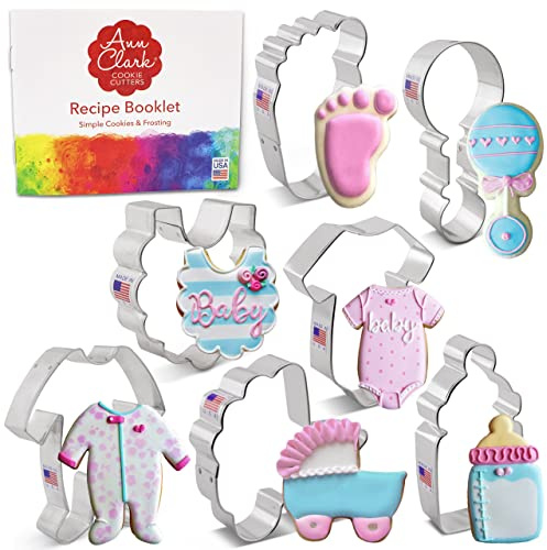 Ann Clark 7-Pc. Baby Shower Cookie Cutter Set, Made in USA, Baby Onesie, Footie Pajamas, Bottle, Rattle, Bib, Footprint and Carriage