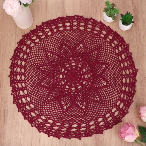 kilofly Centrino in cotone lavorato a mano all'uncinetto per tavolo o divano, a forma di ninfea, rosso, 55,9 cm