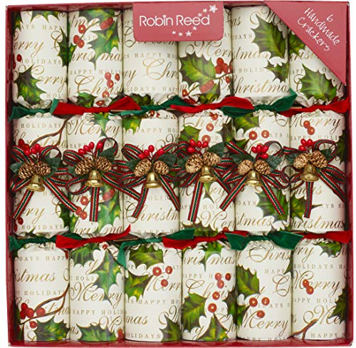 Robin Reed 6 x 12 Luxury Christmas Crackers - Classic Holly with bells - handmade 6062