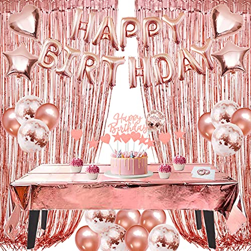 ZERODECO Geburtstagsdeko Roségold Set, Happy Birthday Buchstaben Ballons Tischdecke Cake Topper Folienvorhänge Mylarfolie Stern und Herzform Ballons Konfetti Luftballons für Geburtstags Party Deko