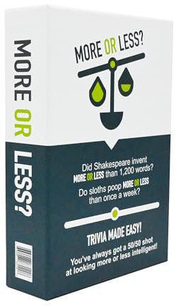 More Or Less Trivia Game - 500 Questions Travel Card Game for Adults & Families | Portable Party For Board Game Nights | Educational Quiz Cards with Scoring Tokens
