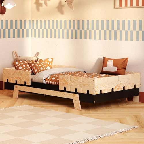 smartwood Barnsäng 90x190 cm med Ribbotten, Furuträ, Svart, PUZZLE BR2