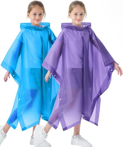 Borogo 2 Pack Raincoats for Kids, Kids Rain Reusable Emergency Rain Ponchos with with Drawstring Hood Rain Coats for Boys and Girls Blue&Purple
