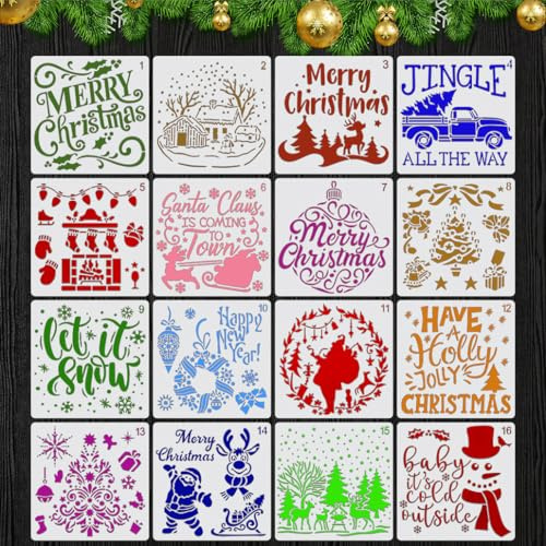 KyeeaDIY 16 st julschabloner mallar återanvändbar ritning målning stencil för målning väggschabloner för barn på trästenar anteckningsbok gör-det-själv scrapbooking hantverk fönster heminredning (16